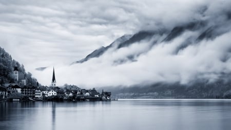 gorgeous lakeside town in grey scale - lake, mountains, town, clouds, grey scale