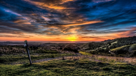 fabulous sunset landscape hdr - sign, sunaet, clouds, hills, sea, hdr, grass