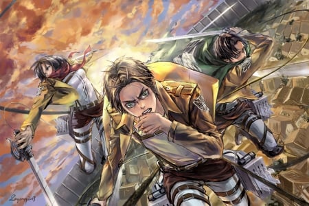 Shingeki No Kyojin - houses, blodd, sunset, shingeki no kyojin, black hair, brown hair, flying, art, green eyes, cool, artwork, uniform, sword, jump, short hair