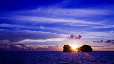 fantastic sunset through rock island - clouds, sunset, rock, portal, island, sea