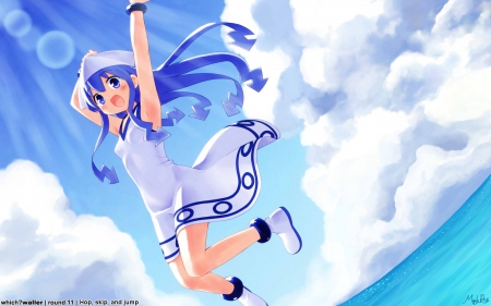 Jump!!! - sky, hat, blue eyes, long hair, jum, blue hair, clouds, blush, jump, cute, happy, dress