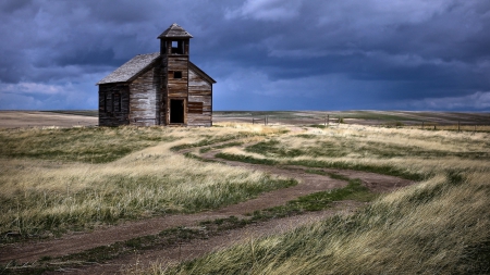 abandoned church on the prairie - road, grass, church, prarie, abandoned