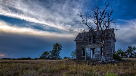 old abandoned house - clouds, house, old, grass, abandoned, tree