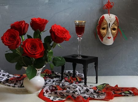 Still Life - nature, roses, mask, petals, flowers, still life, red roses