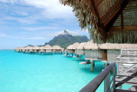 Four Seasons Resort Bora Bora Water Villas Bungalows Blue Lagoon on Paradise tropical island - aqua, pacific, paradise, five, villa, suite, four, south, southseas, 5, islands, tropical, huts, tranquil, beautiful, villas, society, seasons, sea, beach, water, polynesian, hotel, clear, perfect, polynesia, french, bora bora, lagoon, sand, resort, ocean, luxury, seas, star, blue, island, tahiti