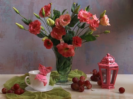 Still Life - flowers, vase, nature, red, lamp, still life, cup