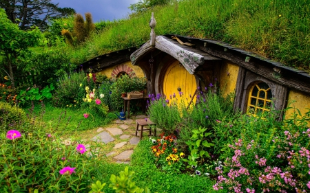 Old Beautiful Cottage - cottage, flowers, hillside, old