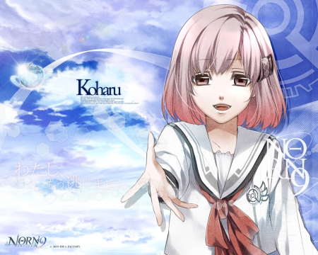 Here...Come..(^â€¿^) - sky, open mouth, korn9, clouds, uniform, wallpaper, pink eyes