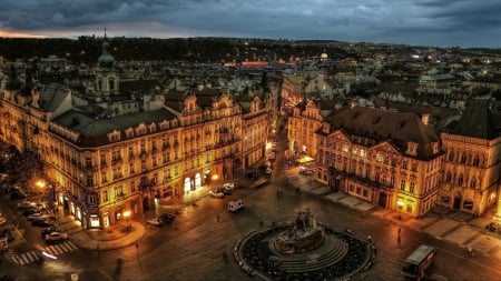 town square at dusk - clouds, square, town, lights, dusk, statue