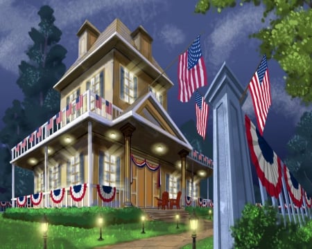 Independence Day 4 - fence, house, yard, flags