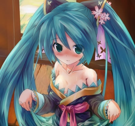 Hatsune Miku - close up, female, hot, twintail, anime girl, anime, miku, kimono, oriental, twin tail, cute, hatsune miku, sexy, girl, twintails, long hair, hatsune, vocaloids, green eyes, twin tails, vocaloid, yukata, green hair