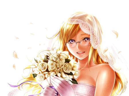 â™¡ Bride â™¡ - glasses, hot, bride, anime girl, sunglasses, bouquet, steins gate, elegant, blond hair, blonde hair, petals, wed, sexy, veil, lady, long hair, divine, floral, beautiful, sweet, dress, happy, beauty, female, blond, angelic, gorgeous, anime, amour, cute, maiden, wedding, girl, gown, lovely, precious, sublime, blossom, smile, blonde, flower