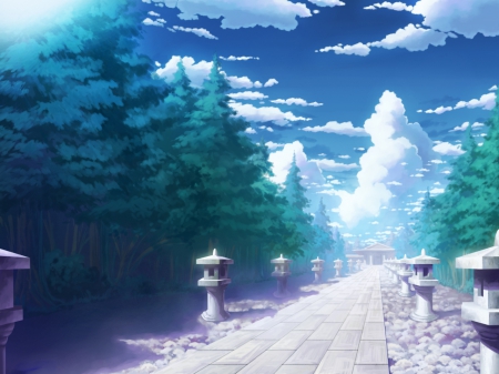 WalkWay - street, road, beautiful, scenery, 3d, scenic, tree, walkway, cloud, shrine, plant, landscape, beauty, anime, naure, hd, sky, cg, building, home, scene, house, realistic