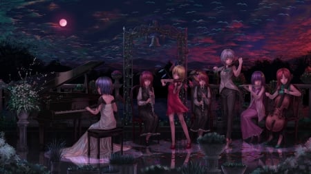 Musical Night - realistic, sky, female, anime girl, touhou, piano, cloud, petals, anime, team, moon, girl, band, night, concert, cg, hd, 3d, group