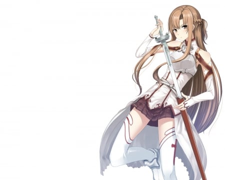 Yuuki Asuna - pretty, anime, female, warrior, long hair, armor, yuuki, plain, sword art online, hd, sao, nice, anime girl, asuna, beautiful, hot, girl, yuuki asuna, simple, beauty, lovely, brown hair, sweet, knight, white, braids, asuna yuuki, cute, sexy