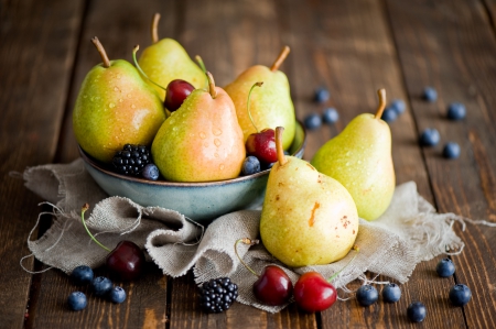 Pears - pear, photos, photo, close up, still life, cherries, bowl, fruit, berries, cherry, food, macro, nature, pears