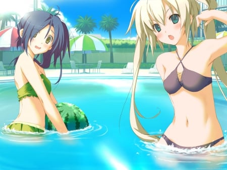 Summer!! - headband, water, long hair, summer, blue hair, green eyes, blonde hair, swimsuite, pool, water malon