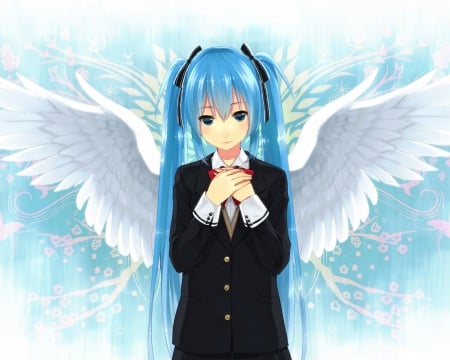 Angel Miku - vocaloid, blue hair, wings, wishing, hatsune miku, uniform, blue eyes