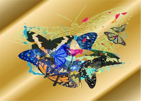 Butterflies on Gold - collage, gold stripes, butterfly