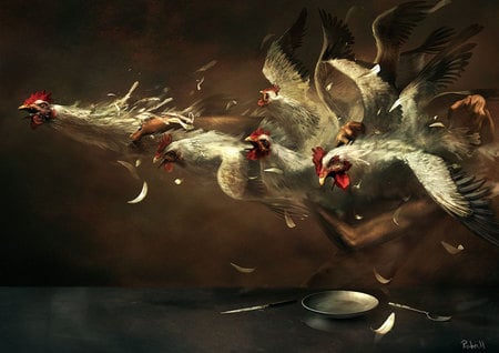 Eat Those Hens - hungry, monstous, dinner, feathers, plate, abstract, chicken, man creature, chickens