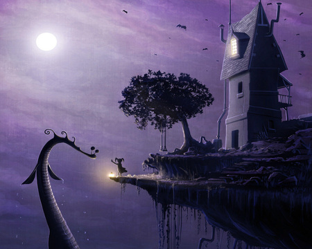 Purple Nigthmare - abstract, moon, house, ligth, girl, seamonster, tree, bats, purple, cliff, cute