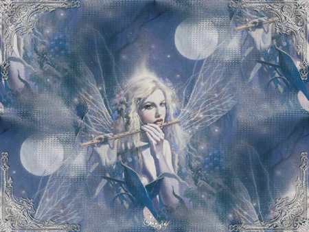 Muted Fae - moon, flute, music, fairy, fae, faerie, framed