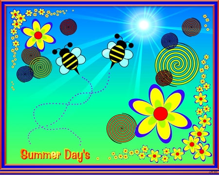 Summer Days - bloom, scrap book, cg, bee, summer, insect, flower, sun