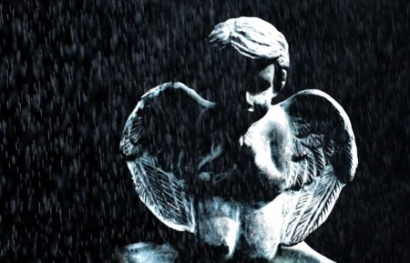 Angel praying - stone, angel, statue, rain, wings, pray, black, fantasy, white, blue