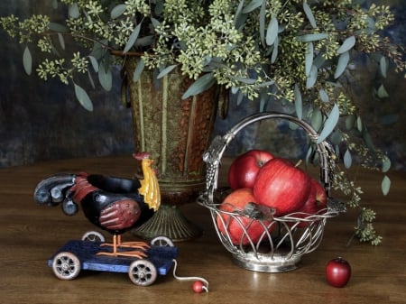 Still life - cock, toy, still life, apples, vase