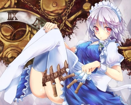 Zayoi Sakuya - zayoi sakuya, red eyes, embersament, touhou, knives, clock, blush, look, white hair, dress