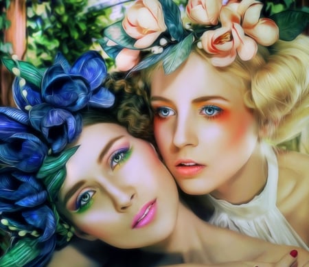 'Bright of Spring Ladies' - people, female, photomanipulation, eyelashes, emotional, flowers, beautiful girls, ladies, women, softness beauty, portrait, digital art, models, weird things people wear, colors, hair, girls, lips, makeup