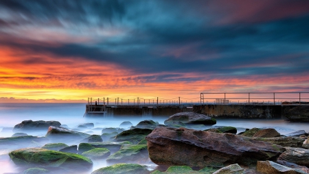 wharf on a rocky shore at sunset - clouds, moss, shore, sunset, sea, mist, rocks, wharf