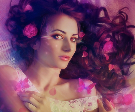 'Wings & Pink Petals in Dreams' - roses, people, female, butterflies, photomanipulation, eyelashes, emotional, flowers, beautiful girls, women, softness beauty, portrait, digital art, models, weird things people wear, petals, hair, girls, lips, fashions, wings, makeup, animals