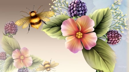 Magical Summer Bees - stars, berry, summer, shine, spring, sparkle, bumble bees, leaves, flowers, blackberry, flower