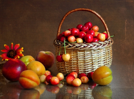 Still life - pretty, summer, spring, flowers, fresh, apricot, yummy, nice, fruits, cherries, beautiful, lovely, still life, peach, natural, berries, basket