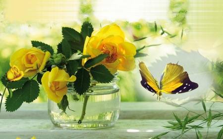 bouquet - butterfly, roses, bouquet, vase, yellow