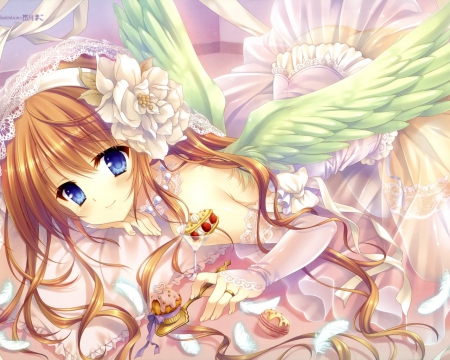 Angel Bride - spoon, sweets, bed, blue eyes, long hair, wings, lie, bride, rose, wedding dress, brown hair, smile, blush