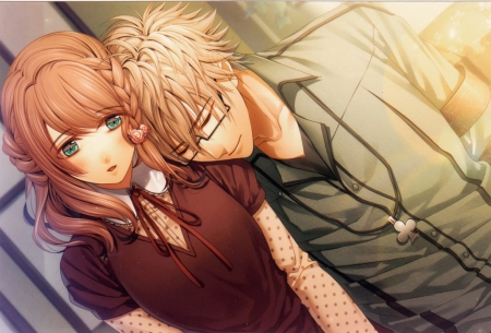 Heroine â™¥ Kent - sleeping, glasses, female, neacklece, cute, short hair, male, love, shirt, braids, heroine, green eyes, bow, amnesia, bown hair, blush, knet