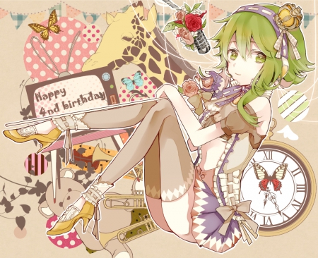 Gumi~ - gumi, rose, green eyes, clock, tv, griffe, dress, art, microphone, butterfly, green hair