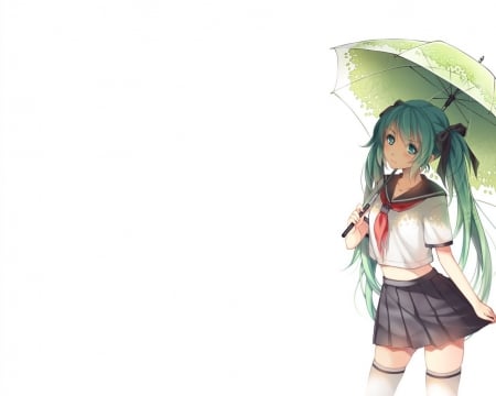 Hatsune Miku - vocaloid, umberalla, white background, blue hair, hair pin, Hatsune Miku, bow, uniform