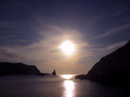 Sunset at Benirras Ibiza - clouds, water, blue, beautiful, photography, sea, sunsets, mountain, boats, sunset, nature, sun, sky