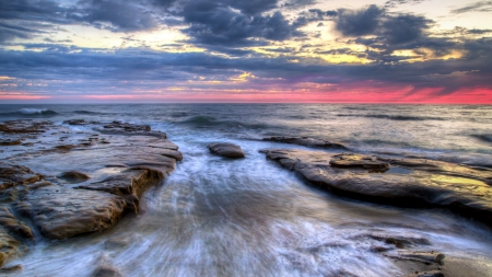 lovely rocky seashore at sunset - clouds, sunset, shore, sea, rocks