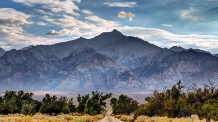 road in the prairie to the mountains - clouds, prairie, road, bushes, mountains