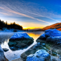 beautiful frosted lake at sunrise hdr