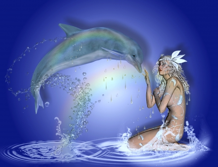 CONTACT - rainbow, porpoise, blue, water, fairy, dolphin