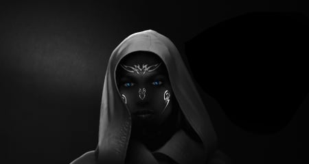 Fantasy girl - white, woman, girl, eyes, blue, hood, black, fantasy