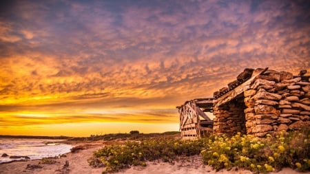 stone and wooden huts on a beach at sunset - stone, wood, beach, yellow, flowers, sunset, sea, huts