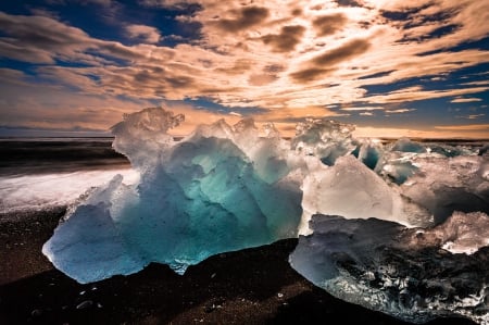 Sunset - blocks of ice - of ice, clouds, Sunset, blocks