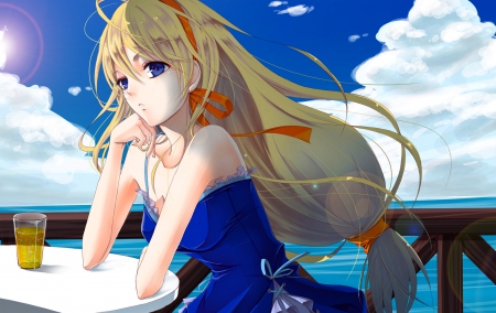 Drinks (Personification) - drink, clouds, girl, sea, sky, tabble