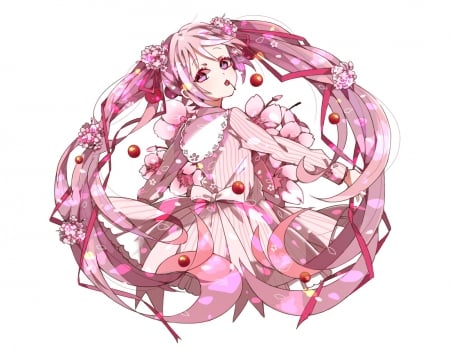 Sakura Miku - twinttail, female, hot, simple, anime girl, white, anime, miku, twin tail, cute, hatsune miku, sexy, girl, twintails, long hair, cherry, sakura miku, hatsune, vocaloids, hd, sakura, twin tails, vocaloid, pink, plain